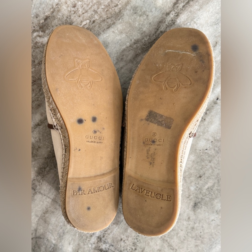 GUCCI Espadrilles Beige/ Cream Canvas With Web & Logo Leather Trim  7  / 7.5 US - Picture 11 of 13